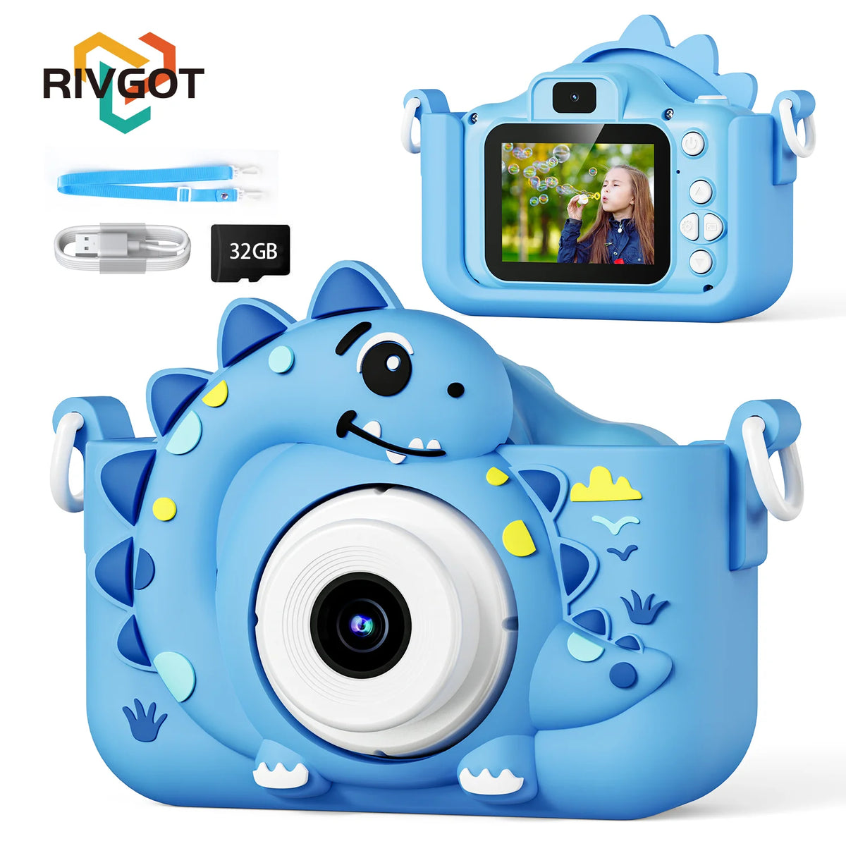 A blue dinosaur-themed digital camera with a screen and lens, alongside an accessory camera body.