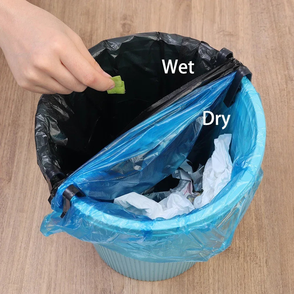 A hand is shown inserting a clip into a black garbage bag, which is labeled Wet and Dry inside a blue trash can.