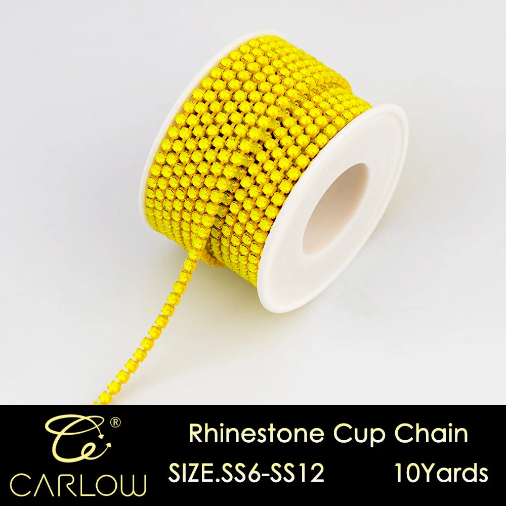 A spool of yellow rhinestone cup chain with a dangling thread, labeled as SIZE.SS6-SS12 and 10 yards.