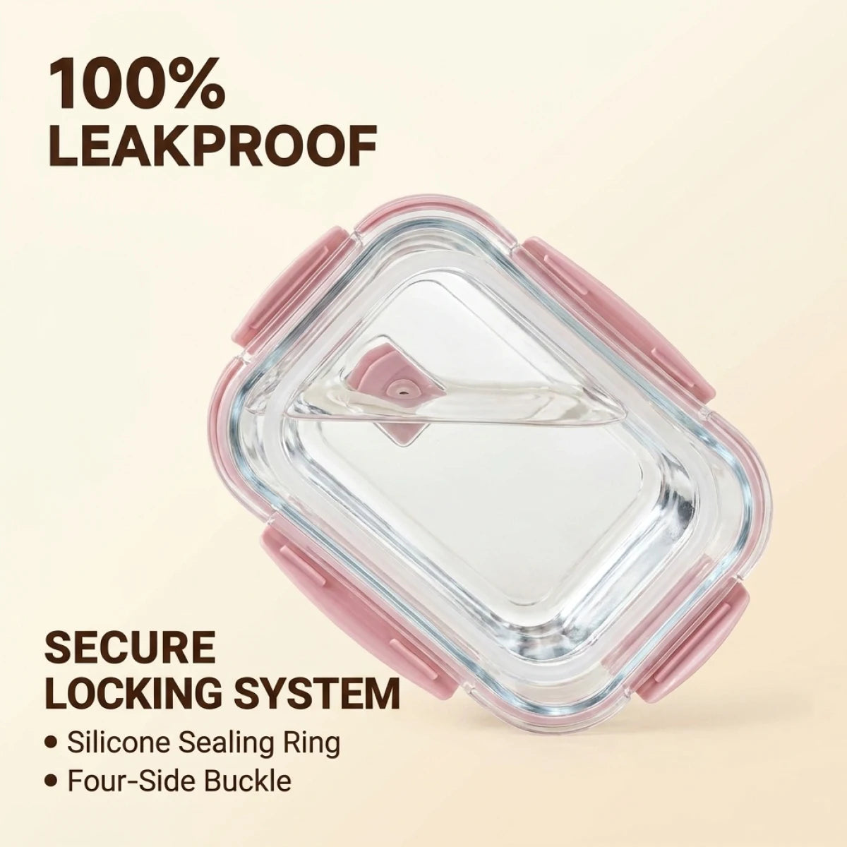 Contenedor hermético rosa claro con anillo de sellado de silicona y hebilla de cuatro lados.