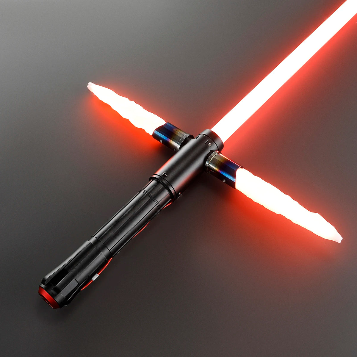 A black lightsaber with a white blade and red glow is shown crossed against a dark background.