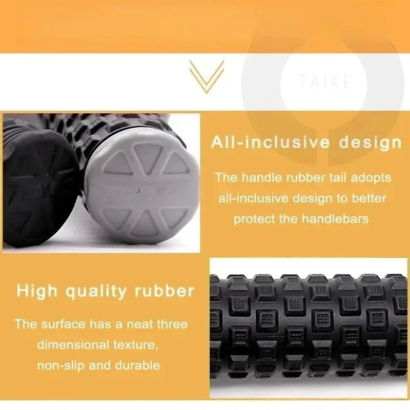 Close-up view of black rubber motorcycle handlebar grips with a textured surface for comfort and grip.