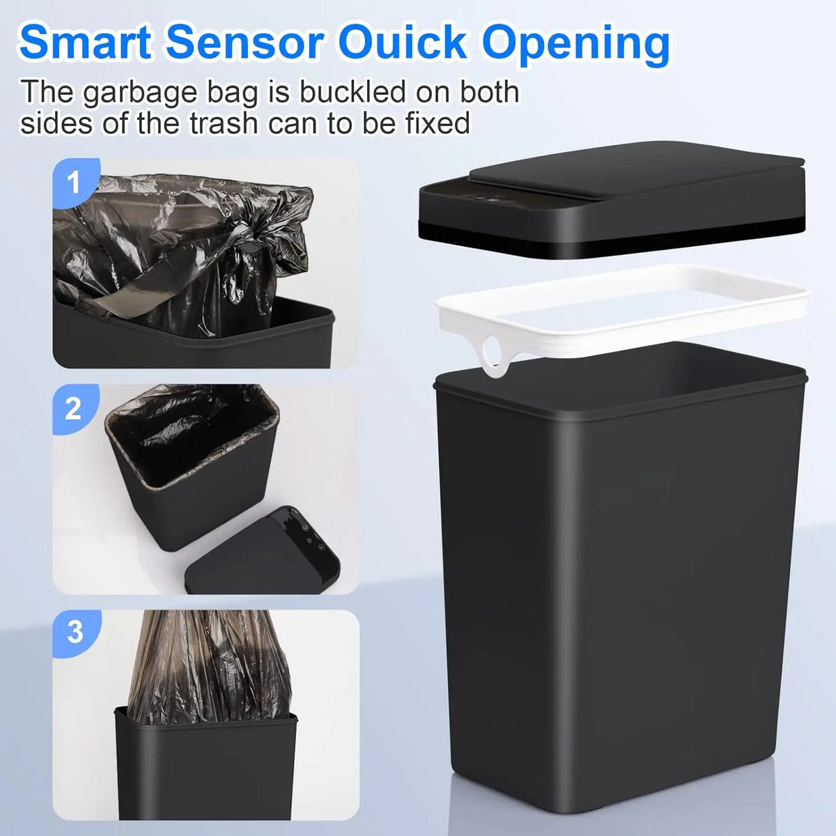 A black smart sensor trash can showing how the garbage bag is buckled on both sides to be fixed.