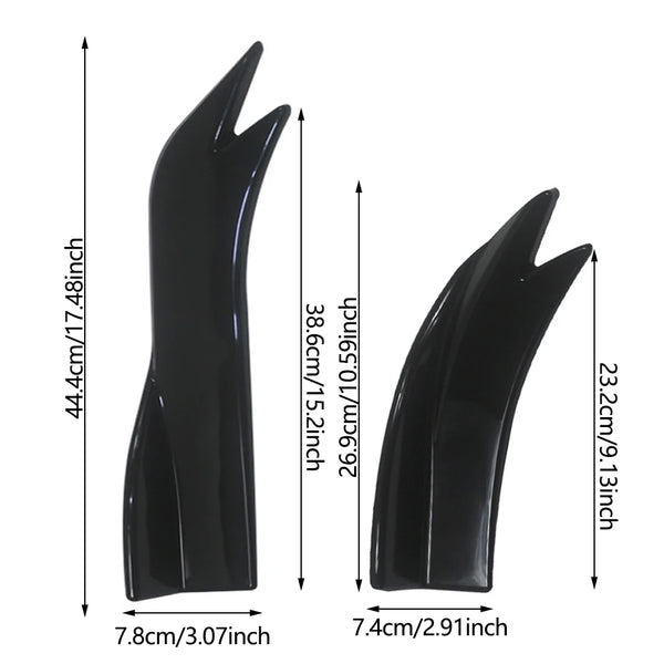 Black universal car rear bumper splitters with a carbon fiber finish shown from the side.
