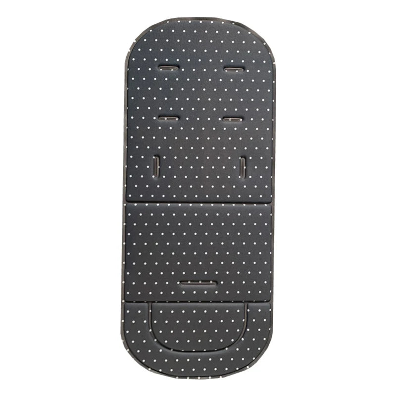 A black stroller seat cushion with a pattern of small white dots and molded features.