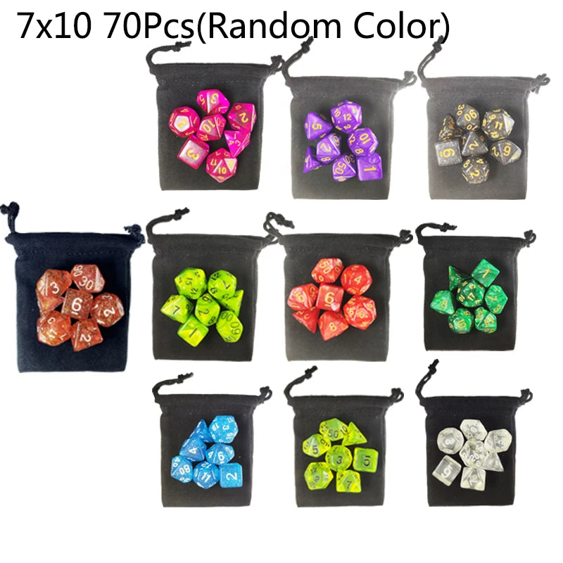 A set of 7 random color polyhedral dice stored in individual fabric bags.