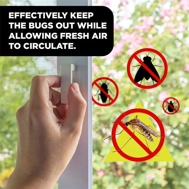 A hand is holding a white window screen, demonstrating its effectiveness in keeping bugs out while allowing fresh air circula