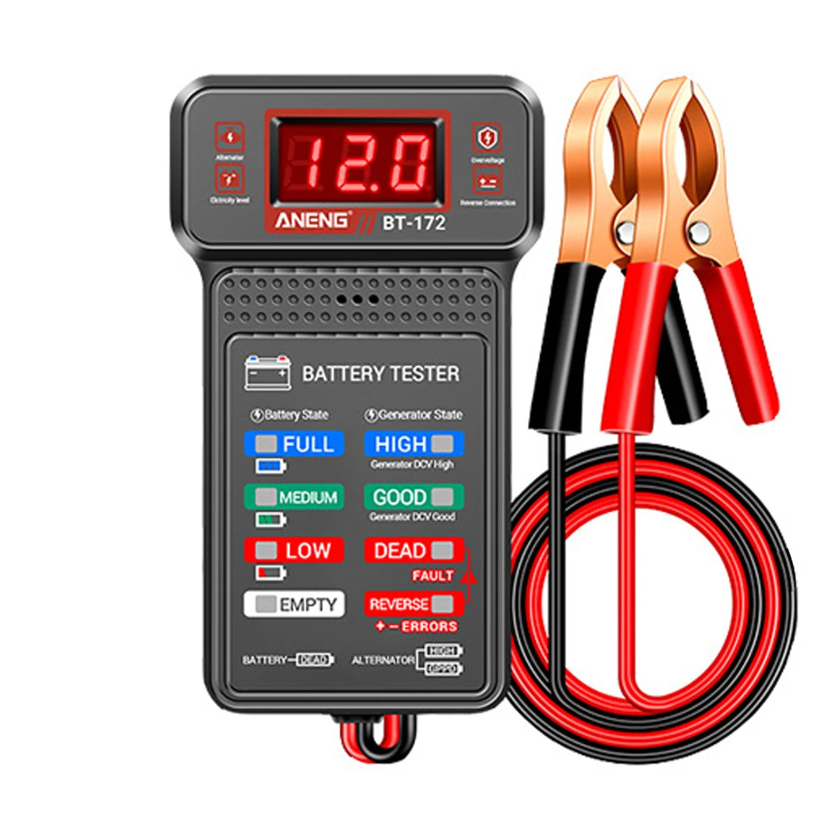 12V Car Battery Tester with LED Display and Reverse Connection Alarm