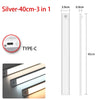 Silver LED motion sensor light bar with a Type-C connection, shown in various angles.