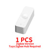 A white smart motion sensor device with a round lens and a small cutout on the bottom.