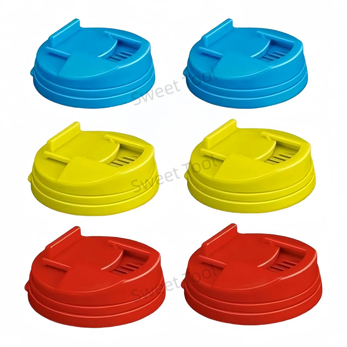 A set of six reusable silicone can covers in blue, yellow, and red.