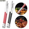 A pair of stainless steel BBQ tongs shown next to a circular image displaying grilled meats and seafood.