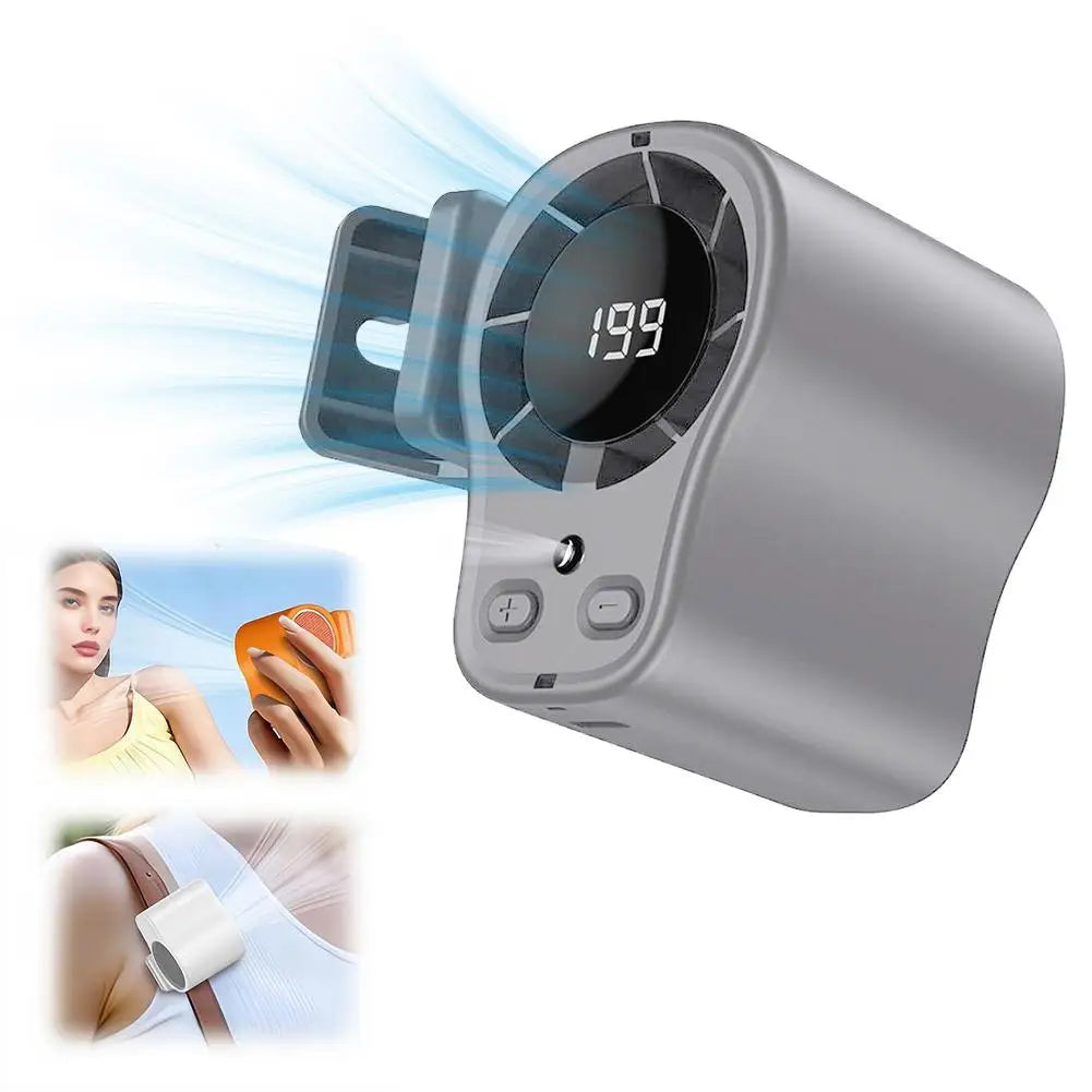مروحة قابلة للشحن عبر USB بكليب، فضية، مع شاشة رقمية تعرض 199.