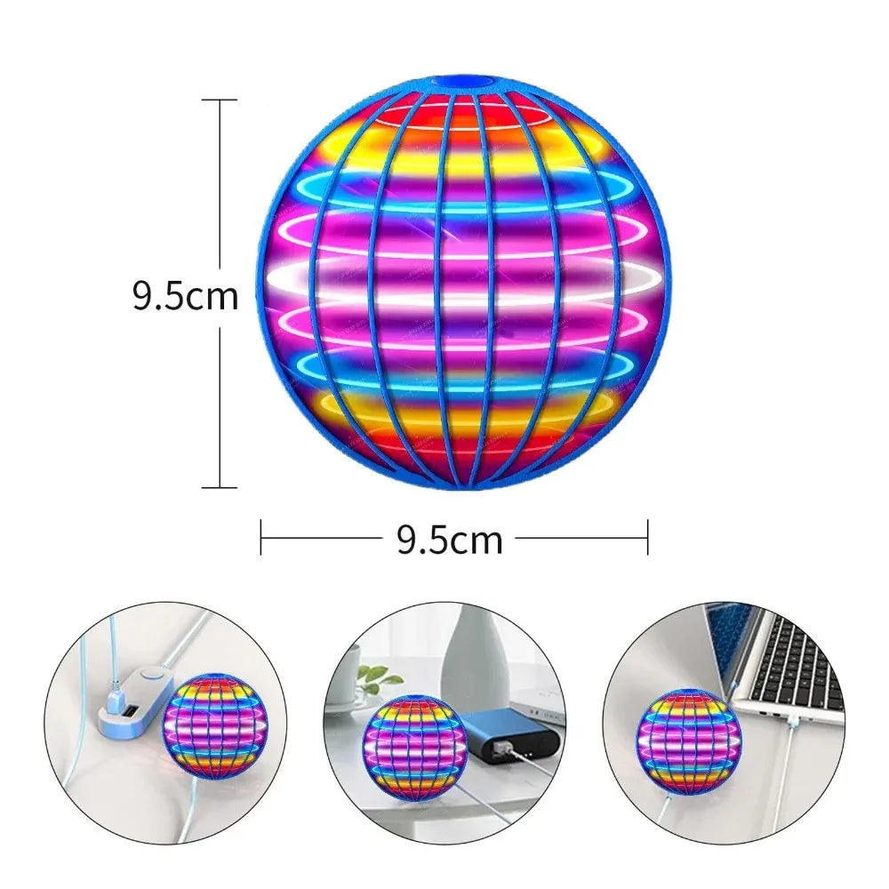 A glowing, spherical magic flying ball with colorful LED lights shown from multiple angles.