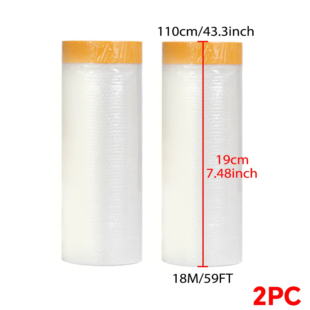Two rolls of clear plastic sheeting for painting and protection, measuring 110cm long.