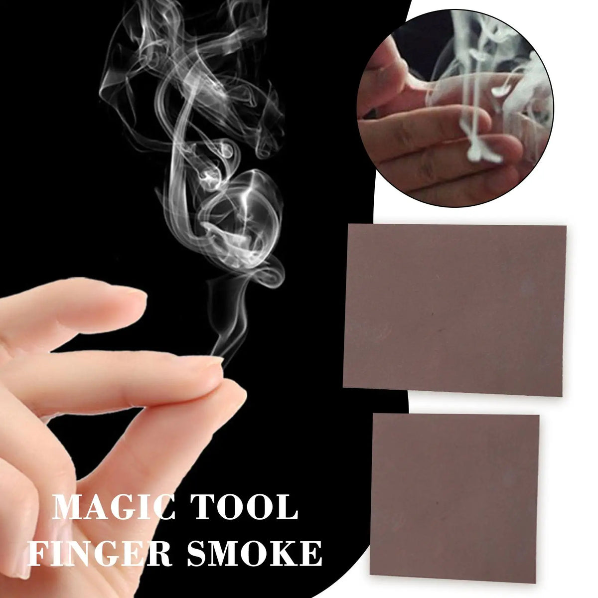 A hand is shown generating smoke from a piece of brown paper, demonstrating a magic trick tool.