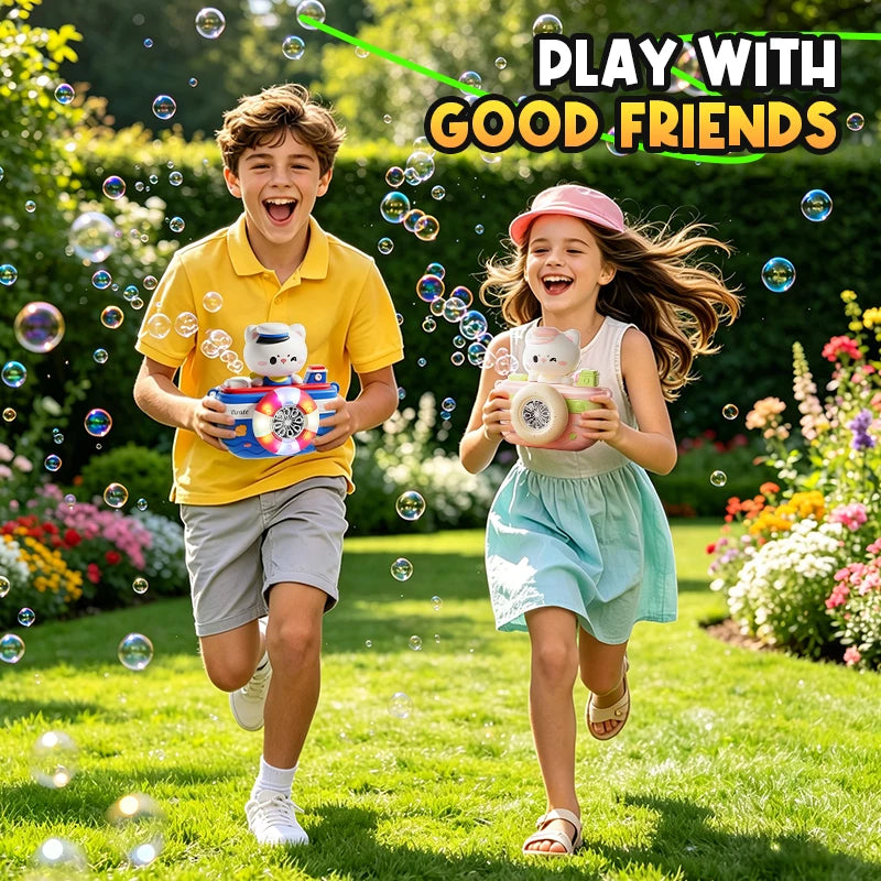 Two children playing outdoors while a camera-shaped automatic bubble machine is featured in the background.
