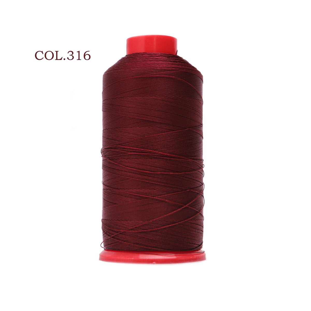 A spool of deep red maroon heavy-duty nylon bonded thread labeled COL.316.