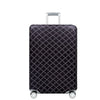 A black stretchable luggage cover with a silver handle and zipper closure.