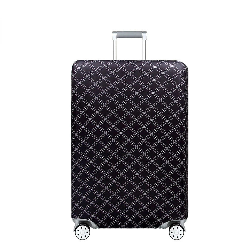 A black stretchable luggage cover with a silver handle and zipper closure.