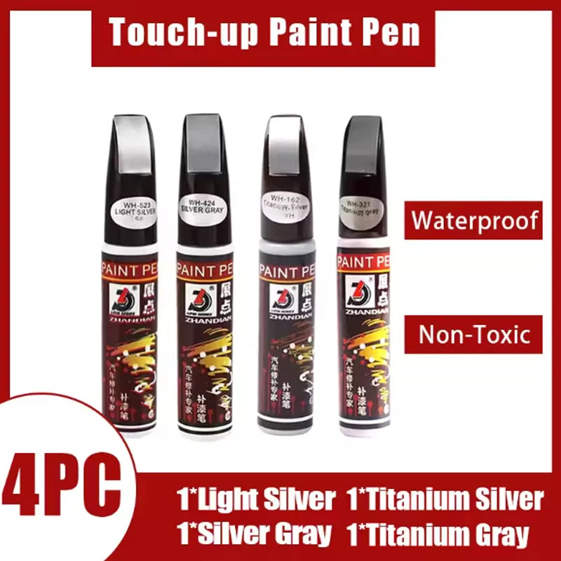 Four touch-up paint pens in various silver and gray colors for car paint repair