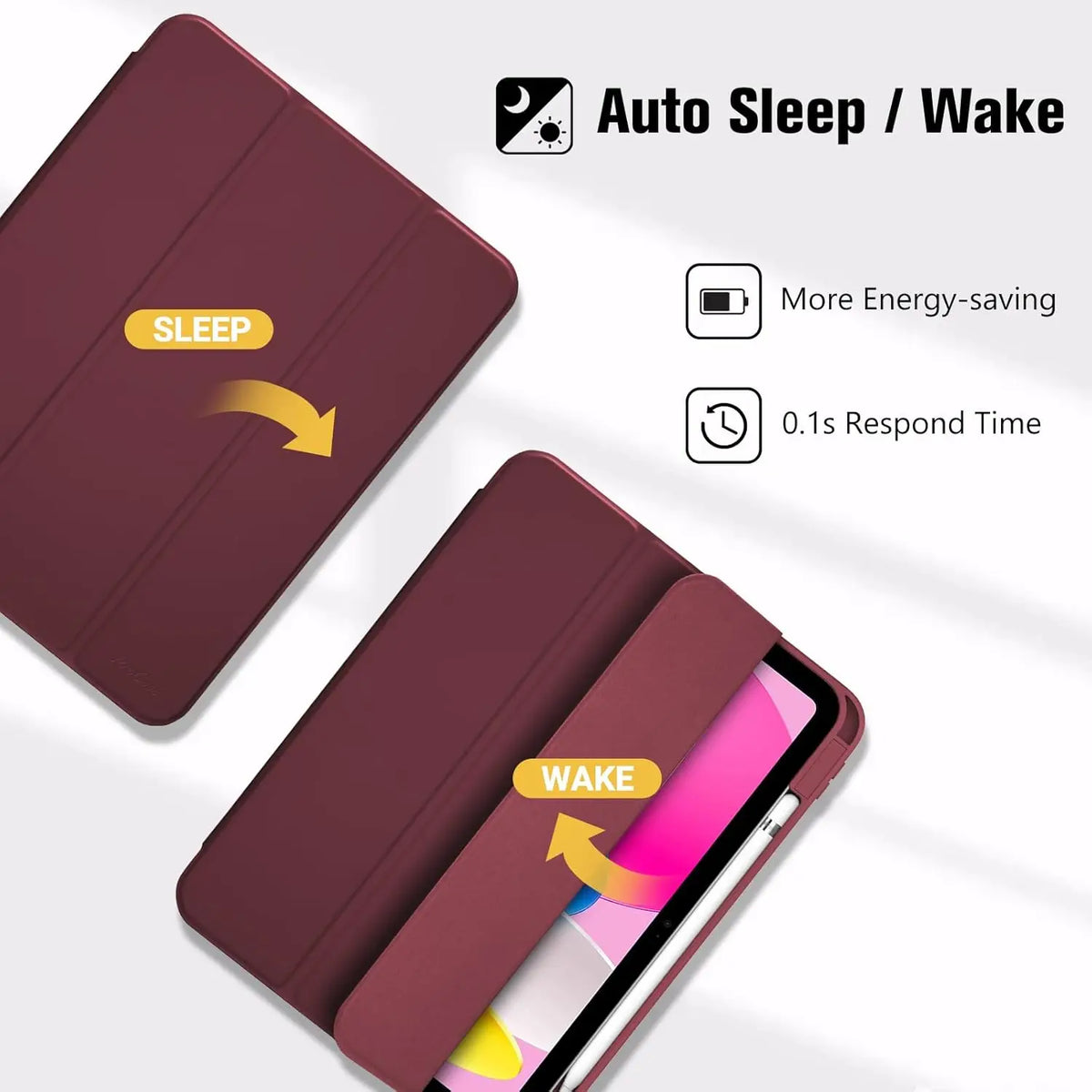 A maroon magnetic flip tablet case shown in two views, demonstrating auto sleep/wake features.