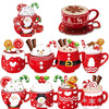 A collection of red mugs and coasters featuring various Christmas and winter designs, including Santa, reindeer, and snowflak
