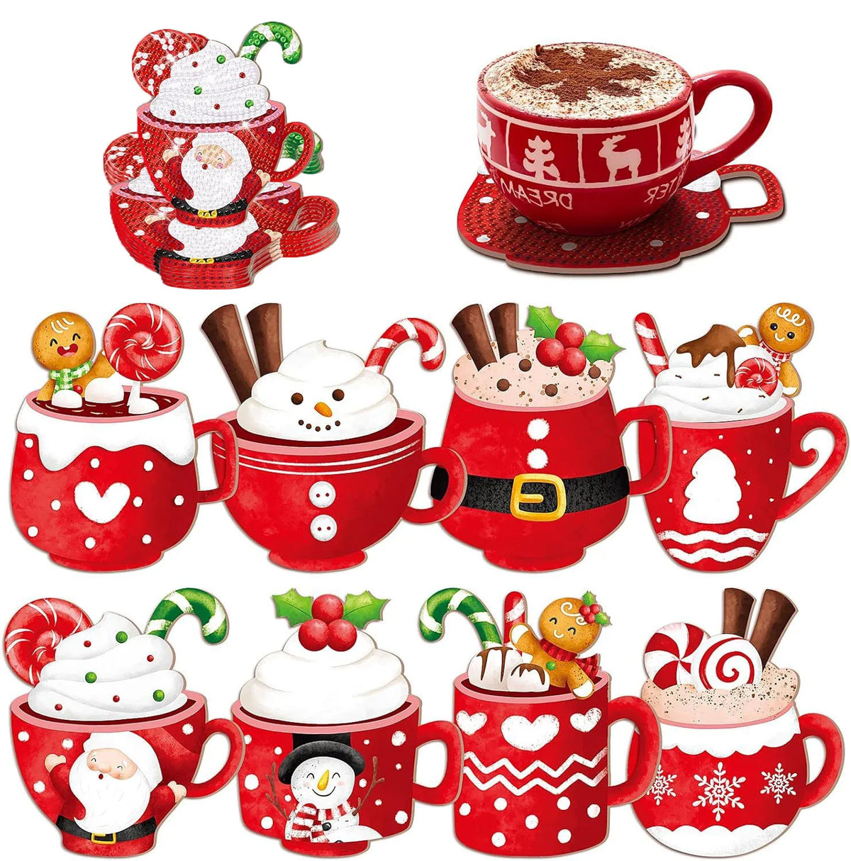 A collection of red mugs and coasters featuring various Christmas and winter designs, including Santa, reindeer, and snowflak