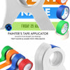 Herramienta aplicadora de cinta de enmascarar blanca profesional con mango y cuchilla de corte, junto a rollos de cinta de co