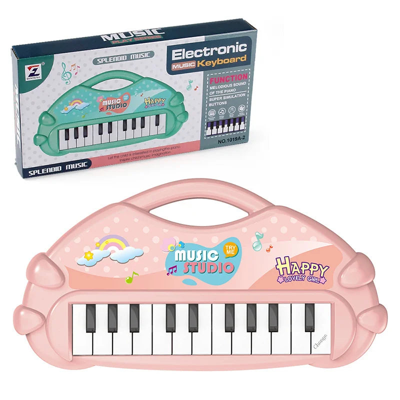 Pink electronic music keyboard toy with a microphone and a matching carrying case