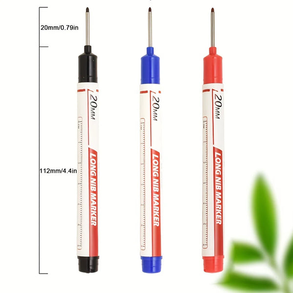 Un set de stylos de précision rouges et bleus avec pointes allongées, présentés verticalement.