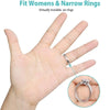 A hand demonstrates how invisible ring size adjuster pads fit on fingers and narrow rings.