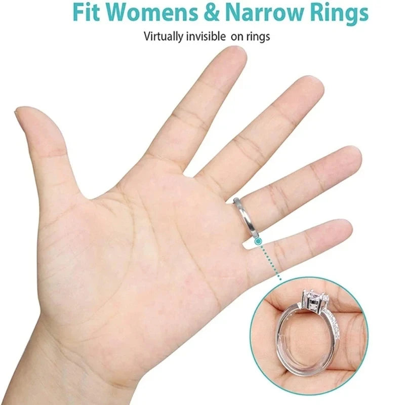 A hand demonstrates how invisible ring size adjuster pads fit on fingers and narrow rings.
