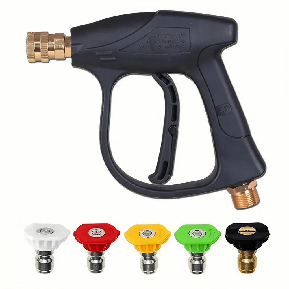 A black high pressure washer gun with five quick-connect nozzles shown alongside the various nozzle tips.