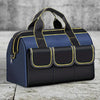 A navy blue and black heavy-duty tool organizer bag with multiple pockets and black straps.