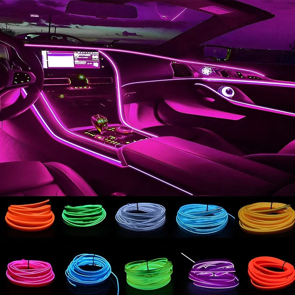 Eine Sammlung verschiedenfarbiger flexibler LED-Streifen und Kabel für Automobilbeleuchtungsprojekte.