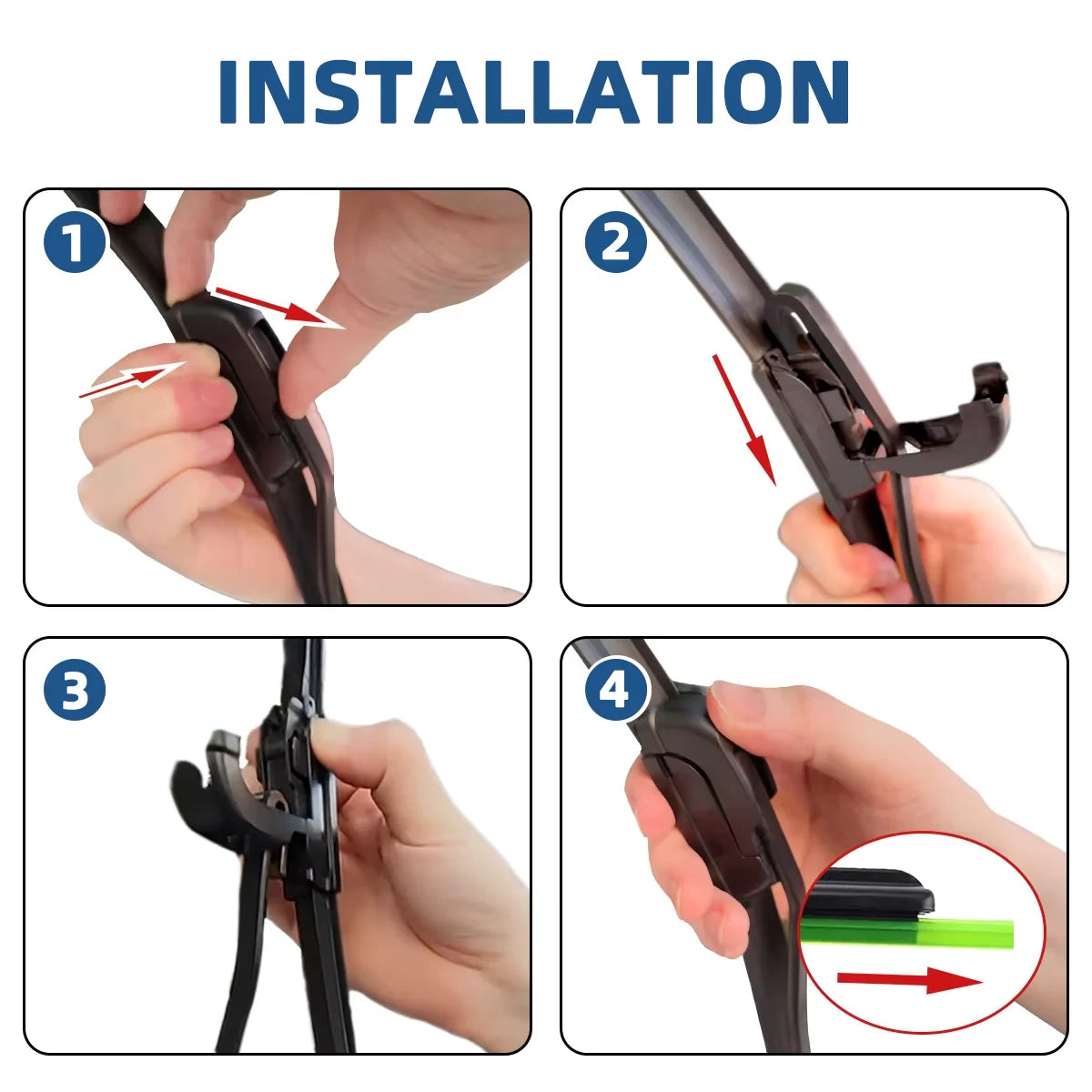 Installation steps showing how to attach a universal frameless windshield wiper blade.