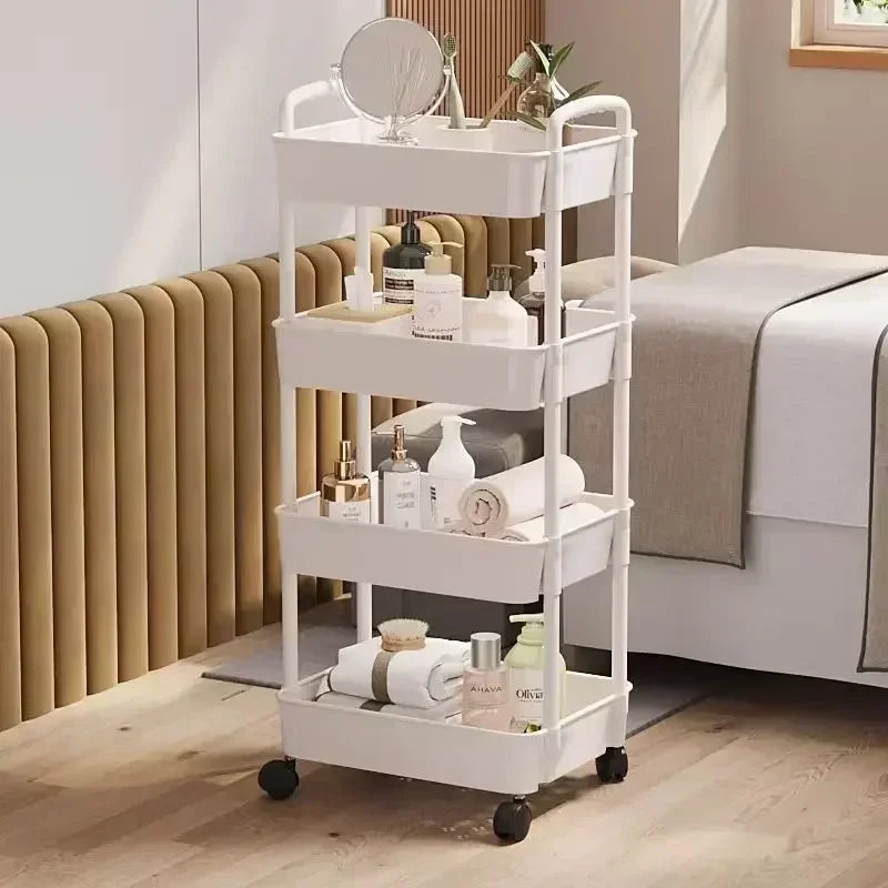 A white 2-5 tier rolling storage cart with locking wheels holding various bathroom and vanity items.