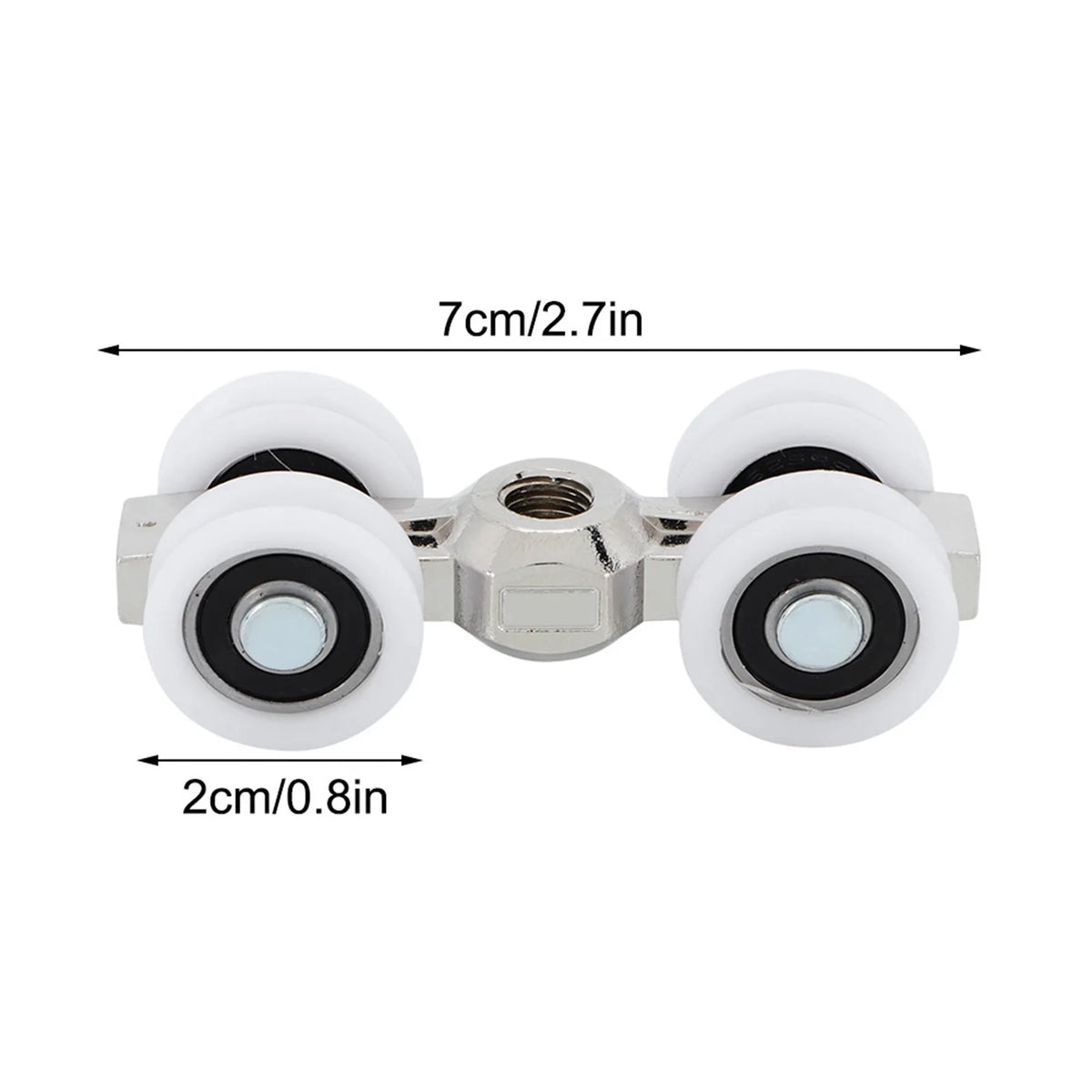 A silver heavy-duty overhead sliding door roller kit with four white rollers and a central housing.