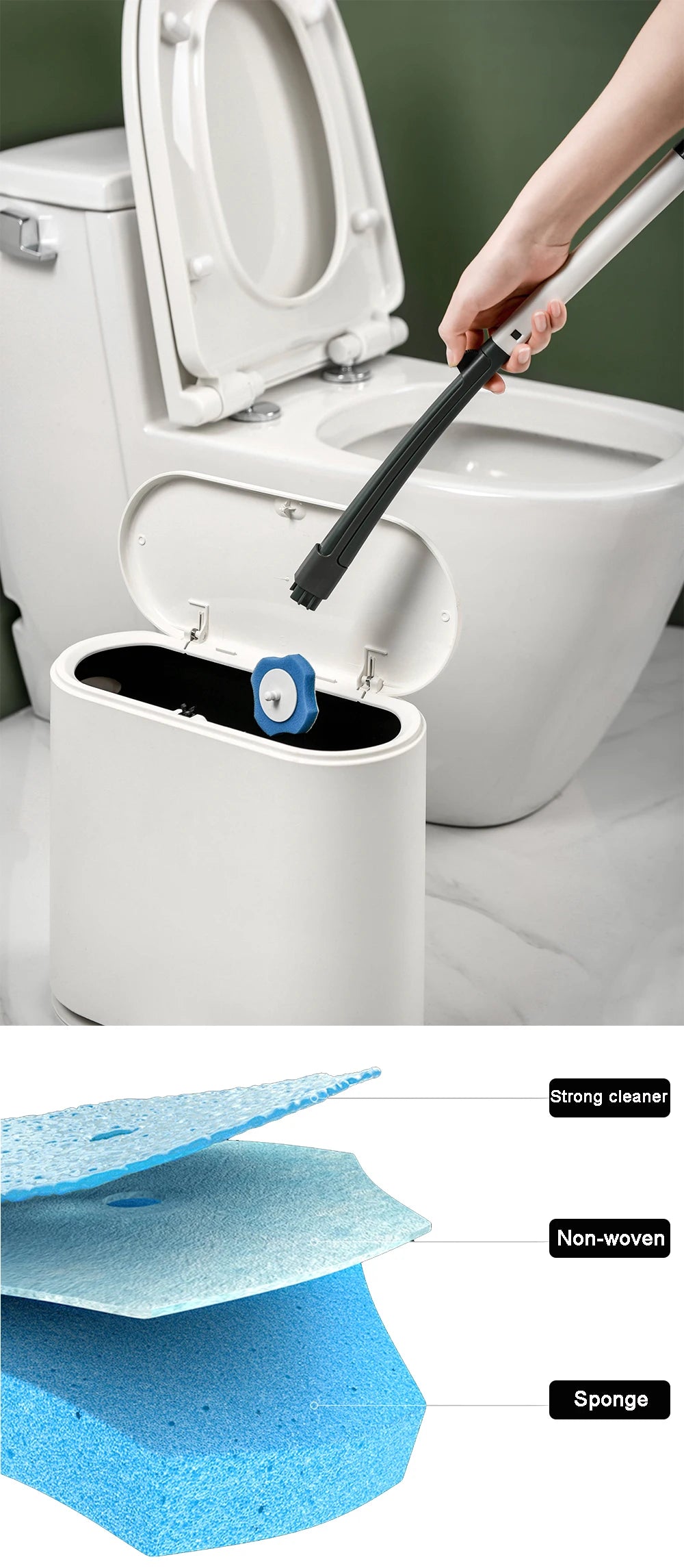 A disposable toilet cleaning brush with a storage base and sponge is shown next to a white toilet bowl.