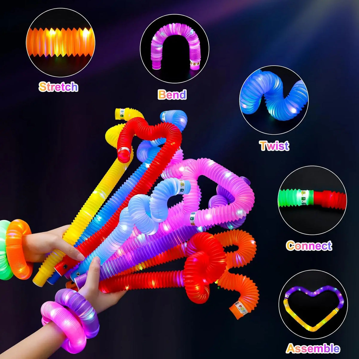 Colorful LED flash pop tubes demonstrating stretch, bend, twist, connect, and assemble functions.