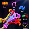 Colorful LED flash pop tubes demonstrating stretch, bend, twist, connect, and assemble functions.