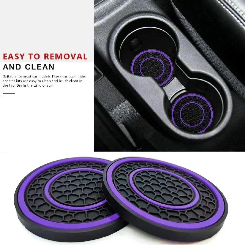 A set of two purple and black non-slip silicone car cup holder coasters shown next to a close-up view of the product inside a