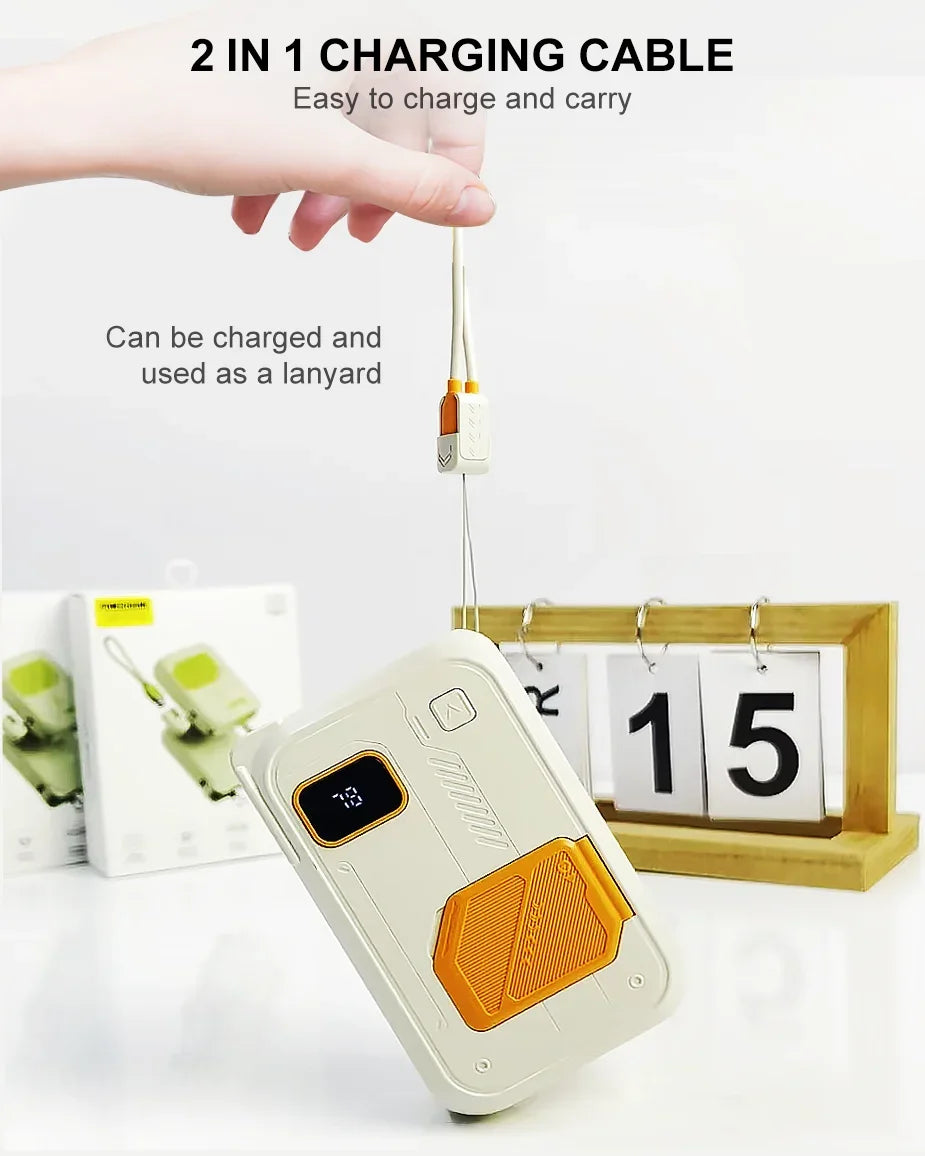 A beige power bank is shown with a charging cable attached, demonstrating its use as a carrying lanyard.