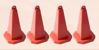 A set of red decorative accessories for an RC car, including surfboard, kayak, and roadblocks.