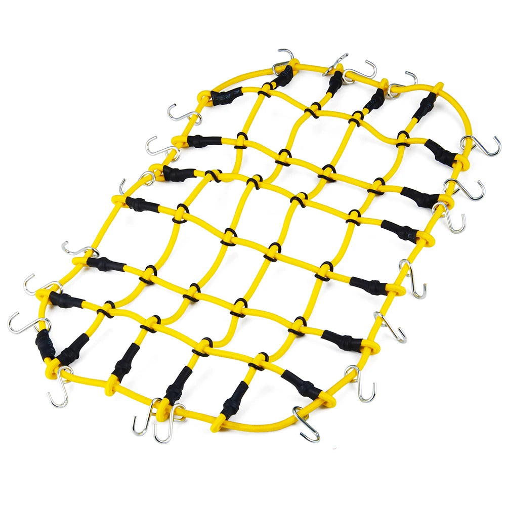 Yellow elastic roof rack luggage net with black straps and metal hooks for RC crawlers