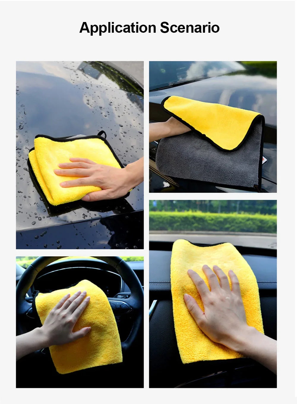 Yellow microfiber car cleaning towels being used to wipe a car surface and a car interior.