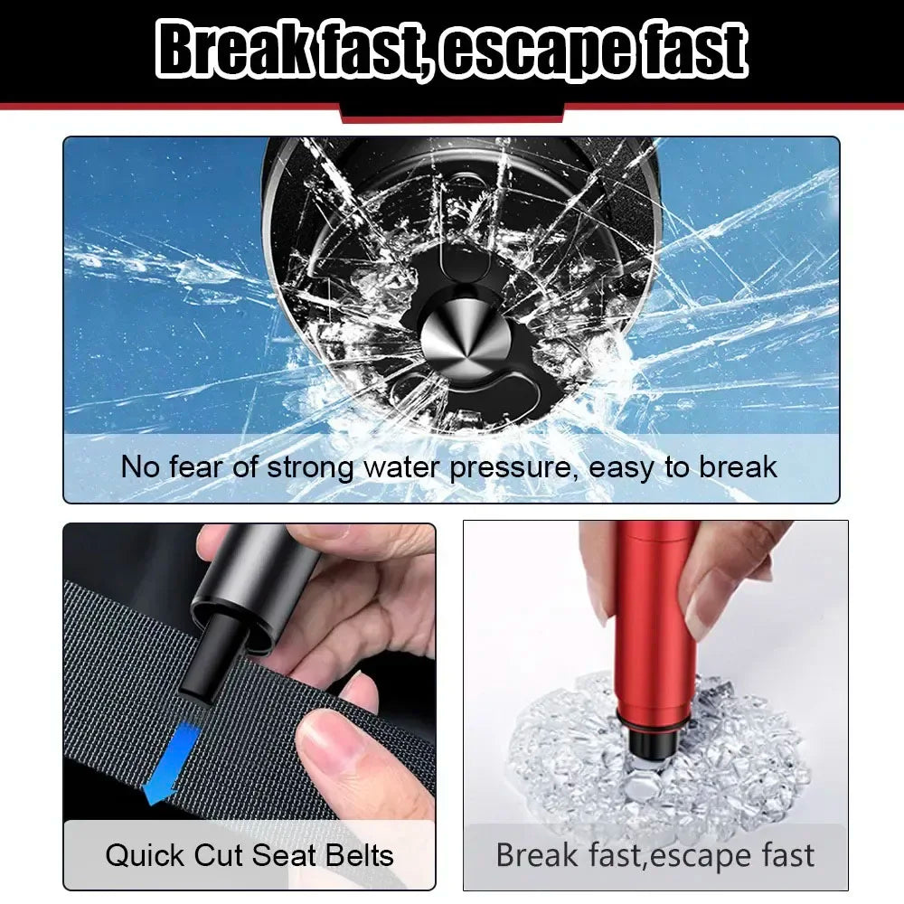 A 2-in-1 car emergency hammer showing its seat belt cutting and window breaking functions.