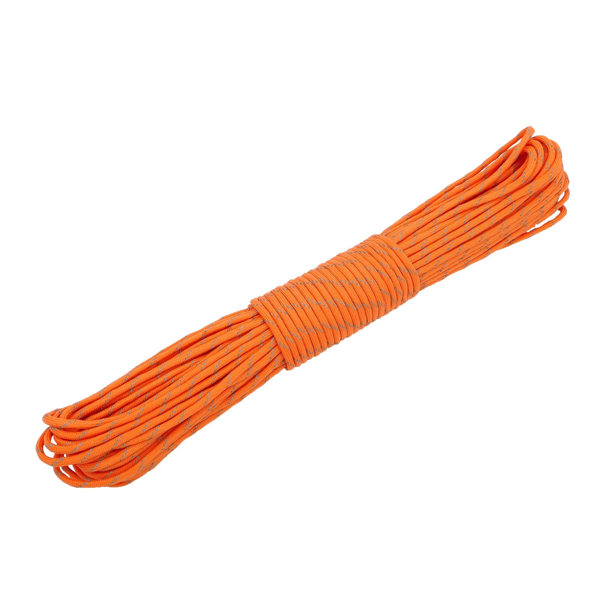 Orange paracord rope used for outdoor utility and reflective purposes
