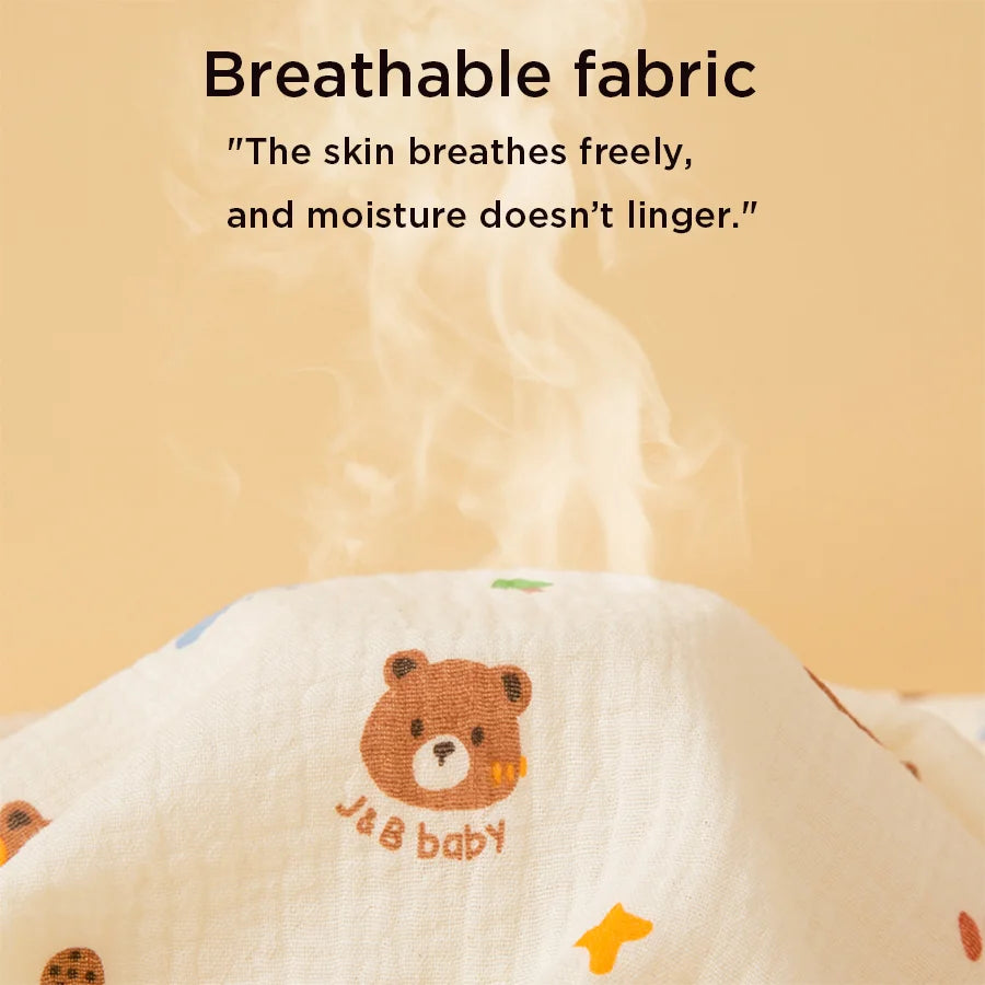 A close-up of a white soft cotton gauze baby swaddle blanket with a brown bear design, shown against a light background.
